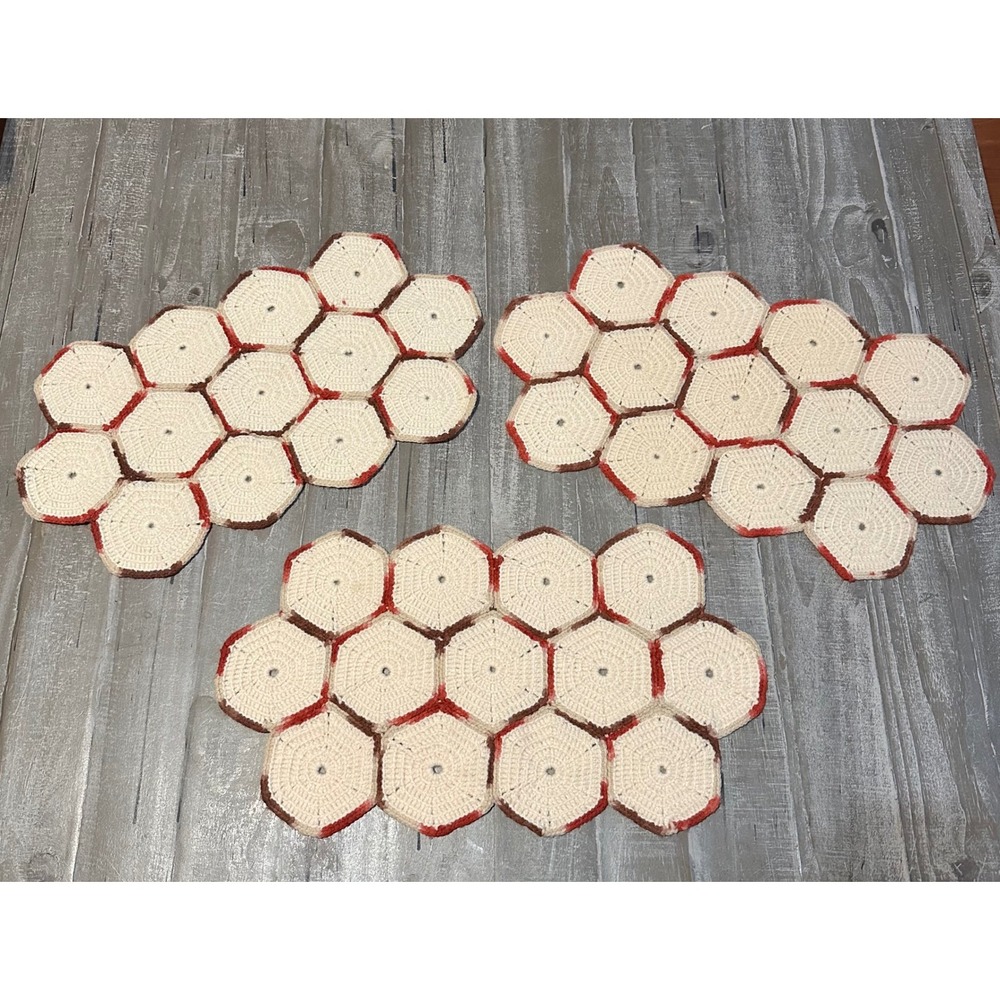 Vintage Handmade Crochet Placemats Set of 3 Cream Rust Brown Hexagon Retro Boho